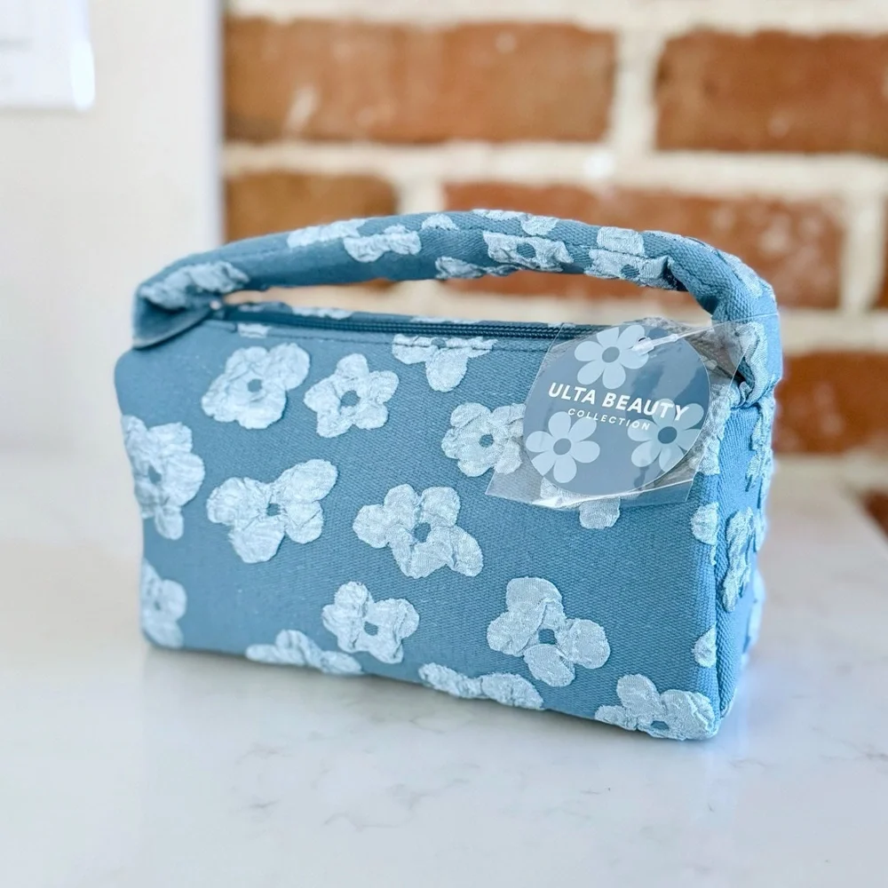 Ulta Beauty Denim Floral Stuffed Cosmetic & Make-Up Bag BUNDLE, Travel Samples